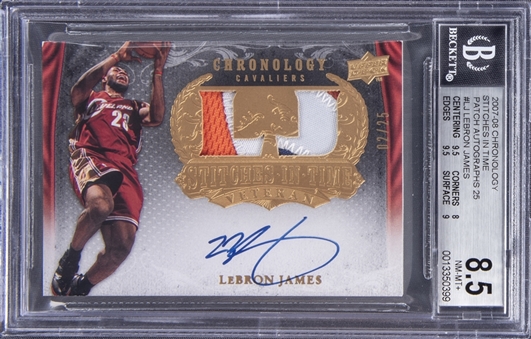 2007-08 Upper Deck Chronology "Stitches In Time" Patch Autographs #LJ LeBron James Signed Patch Card (#02/25) - BGS NM-MT+ 8.5/BGS 10